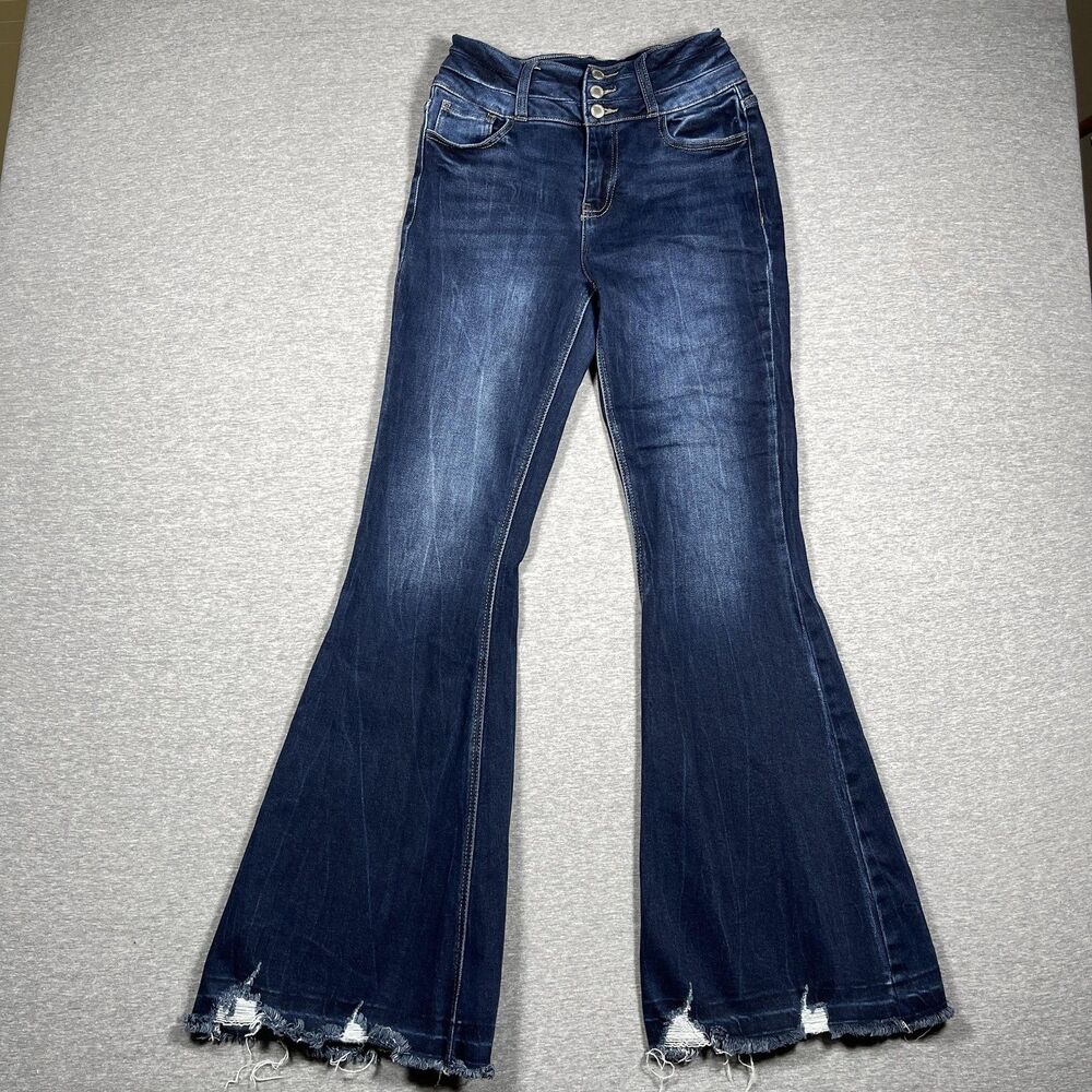 KanCan Jeans Womens 27 Blue Flared Kurvy Ultra High Rise Slim Distressed Fringe